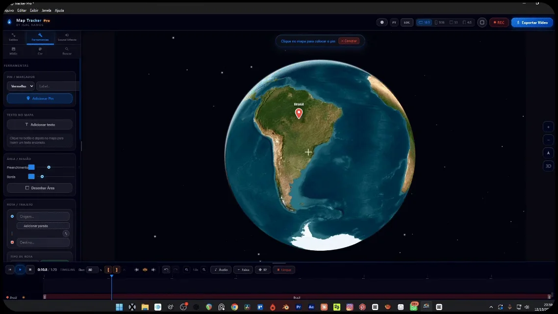 Painel de ferramentas do Map Tracker Pro com pin, área e rota com origem e destino