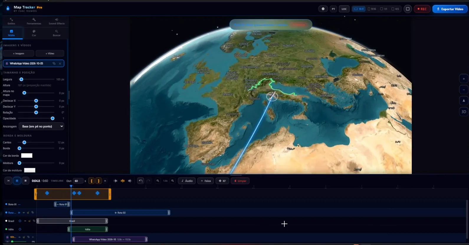 Interface completa do Map Tracker Pro com painel lateral, globo 3D e timeline com faixas